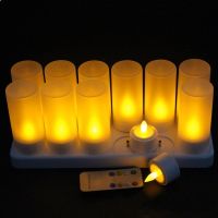 Remote controlled 12pcs Rechargeable Flameless Tea Light Glow candle lamp set 8 keys time controller Frosted holder fXmas Party