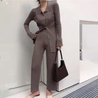 Sweater Solid Color Suits Women Matching Sets Oversize Fleece Pants Roll Collar Knitted Top Flare sleeve 2021 Spring Summer