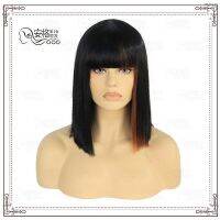 ? วิกผม cos Wind style wig highlights short straight hair matte black wire high temperature synthetic wigs reduction of age take yan