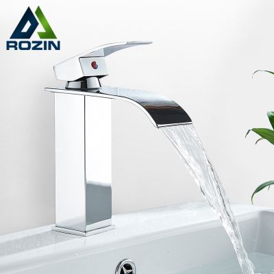 Rozin ก๊อกน้ำอ่างแบบโต๊ะเครื่องแป้งในห้องน้ำน้ำร้อนเย็นอ่างก๊อกน้ำน้ำตก,ก๊อกผสมทองเหลืองโครเมี่ยมระบบระดับเดียวสีดำ