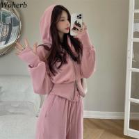 Woherb Autumn Fashion Suit Female Cropped Hoodies Jacket High Waist Wide-leg Casual Pants Two-piece Set Korean Trend Outfits