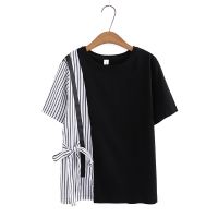 【มีไซส์ใหญ่】Plus Size Womens Short Sleeve White Black Summer Tshirts Oversized Patchwork A-line Female Tops