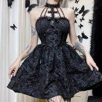 【YF】 Cross Neck Sexy Backless Bandage Easter Dress For Women Gothic Dark Bow Lace-Up Waist A-line Dresses Black Club Party Streetwear