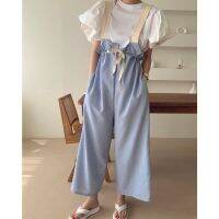 Korean-Stylechicround Neck Loose Shirt+Flower-Shaped Drawstring Wide-Leg Jumpsuit