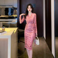 Y Fashion Women Elegant Korean Floral V-Neck Long Sleeve Bodycon High Waist Midi Dress