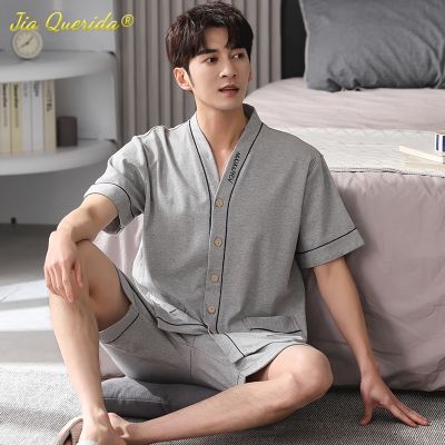 SUKAE Men Nightwear Home Clothing Summer Shorts Two Pieces Cotton Big Size 3xl 4xl Pajama V Neck Japanese Kimono Pjs Sleepwear