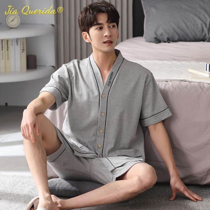 sukae-men-nightwear-home-clothing-summer-shorts-two-pieces-cotton-big-size-3xl-4xl-pajama-v-neck-japanese-kimono-pjs-sleepwear