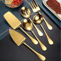 Gold Restaurant Lengthened Service Cutlery Thickened Buffet Serving Spoon Fork Large Colander Deep Bottom Soup Spoon Cake Shovel Homeliving Kitchenware