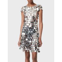 【YF】 Silver Round Mirror Chainmail Party Everning Dresses Womens Metallic Sequin Chain Disc Mini Dress