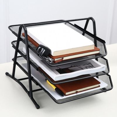 【CC】 File Storage Tray Anti-Rust 3 Layers Metal Wide Entry Desk Document Rack Organizer