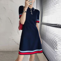 ร้อน, ร้อน★LUCKIN STORE Stripe Polo Collar Skirt Women Skirt Slim Short Sleeve Knit A-line Dress Contrast 2023 Summer New Products Plus Size Skirt