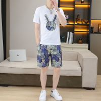 【hot seller】 European station printed short-sleeved t-shirt mens summer casual suit breathable trendy brand with a set of half-sleeved thin