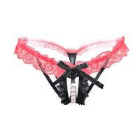 BLACKPINK Lace Open G-String W Pearl จีสตริงลูกไม้สีแดงดำ เป้าเปิด แต่งมุก สุดเซ็กซี่