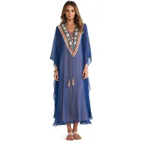 --D0512 Blue chiffon chest embroidery beach blouse sexy bikini smock v-neck vacation is prevented bask in unlined upper garment