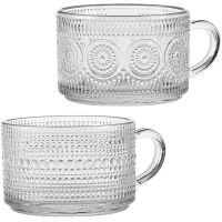 Stackable Embossed Cup Glassware with Handle for Latte, Cereal, Yogurt, Cold/Drink Etc