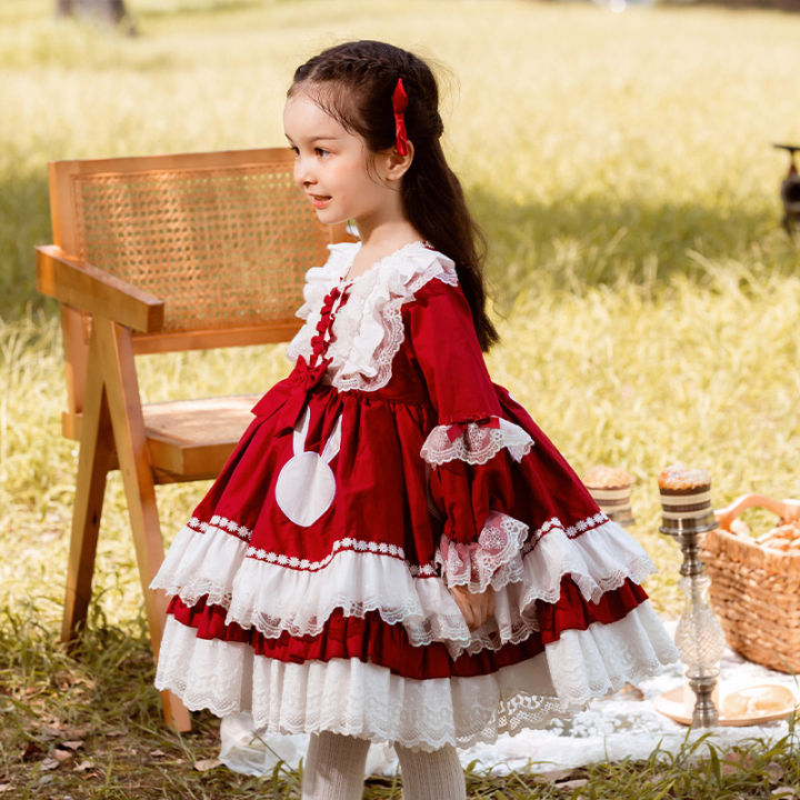 zhiya-กระโปรง2021เด็กผู้หญิง-กระโปรงเจ้าหญิงโลลิต้าผ้าคอตตอนสีแดง