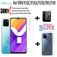 BLKNAIM(3in1) สำหรับ VIVO Y02ฟิล์ม Y01 Y20A Y02S Y10 Y15C Y15S Y15A Y16 Y22S Y35แบบเต็มหน้าจอฟิล์มกระจกกล้องถ่ายรูปหลังกระจกนิรภัยความใสระดับ HD แบบ + ฟิล์มเลนส์กล้อง + ฟิล์มด้านหลังคาร์บอนไฟเบอร์3D