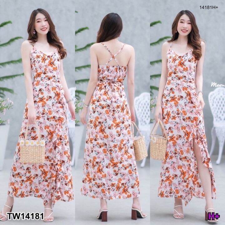 maxi-dress-สายเดี่ยวลายดอกไม้เกร๋ๆ-ดีเทลมีสายไขว้ด้านหลัง-แต่งผ้าระบายและผ่าด้านหน้า-มีซัปใน