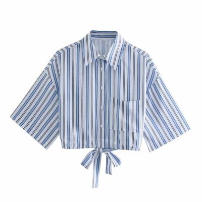 TRAF Za Women Fashion Stripe Printing Bow Tied Cropped Short Blouses Vintage Short Sleeve Female Shirts Blusas Chic Tops