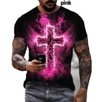 เสื้อยืดพิมพ์ลาย Jesus Cross 3d แฟชั่นผู้ชายสำหรับผู้ชายเสื้อคอกลมแขนลำลองขาสั้นคริสเตียน