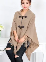 【CW】 Horn Buckle Loose Tassel Sweater Knit Sweatercoat Fashion Boho Knitting Cloak Poncho Cape Outfit Chaqueta