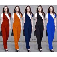 P7983  	จั้มสูทขายาว อกแต่งสลับสี  Long-sleeved jumpsuit with contrasting colors