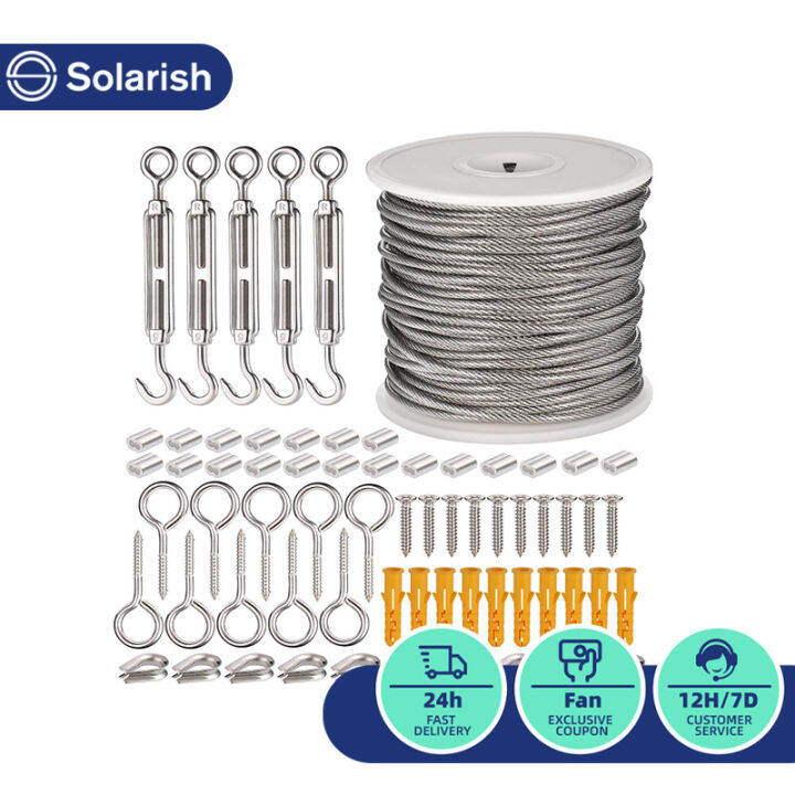 Solarish Turnbuckle Wire Tensioner Kit Includes 15/50m Stainless Steel Wire Rope Cable Cable