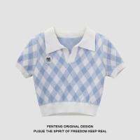 ❀❁☾ Cant afford the ball 2023 summer new fashion color matching polo collar plaid short-sleeved T-shirt coat knit female students