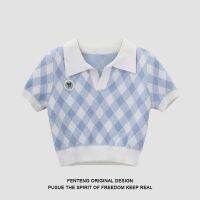 ✆﹉♕ Cant afford the ball 2023 summer new fashion color matching polo collar plaid short-sleeved T-shirt coat knit female students