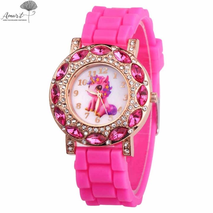amart-นาฬิกาเด็กสำหรับเด็กผู้หญิงน่ารักยูนิคอร์นรูปแบบนาฬิกาควอตซ์รอบ-rhinestones-dial-casual-นาฬิกาสายซิลิโคนอ่อนนาฬิกาข้อมือเด็กสำหรับเด็กผู้หญิง