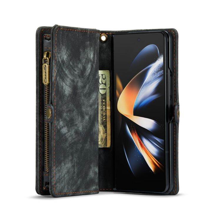 hoce-zfold4-fold5-galaxy-z-z-แบบอเนกประสงค์มีซิปทนทานเคสโทรศัพท์หนังมีกระเป๋าเงิน-pu-สำหรับ-samsung-galaxy-z-z-fold-5-5g-ซิปปกคลุมย้อนยุคพับได้พร้อมสายรัดข้อมือ