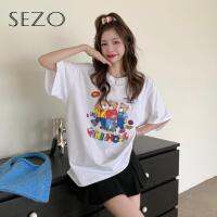 SEZO เสื้อยืดคอกลมแขนสั้นสำหรับผู้หญิง,พิมพ์ลายขนาดใหญ่สไตล์เกาหลี