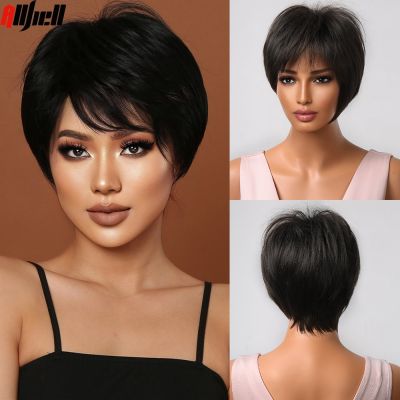 Black Pixie Cut Synthetic Wigs Short Layered Straight Wig with Fluffy Bangs for Women Cosplay Daily Natural Hair Heat Resistant