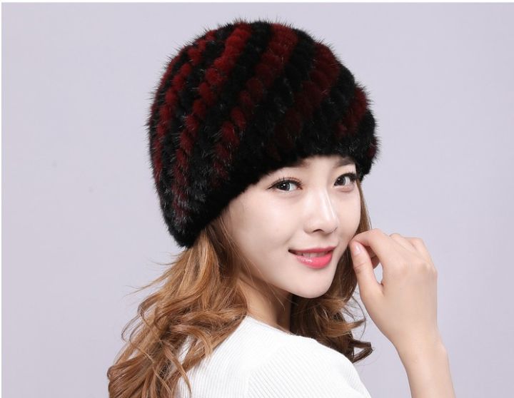 แฟชั่นใหม่ของแท้จริงธรรมชาติของผู้หญิงถักขนมิงค์หมวกมือทำถักแฟชั่นฤดูหนาวหมวกหมวกเบเร่ต์หมวก