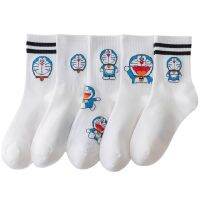 Japanese Fashion Cute Socks Doraemon Sports Crew Socks Striped Cotton Socks Long Tube Student Funny Cartoon Socks Harajuku