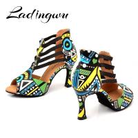 ETXLadingwu Brand Latin Dance Shoes Ladies Dance Boots Elastic band adjustment Ballroom Dance Shoes Blue African texture Shoes