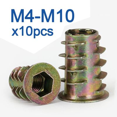 10pcs/lot Zinc Alloy Thread For Wood Insert Nut Flanged Hex Drive Head Furniture Nuts M4 M5 M6 M8 Picture Hangers Hooks