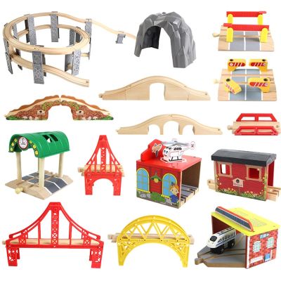 อุโมงค์สะพานไม้ของเล่นไม้สำหรับเด็กฉากรถของเล่นสะพานลอยรางรถไฟรวมอุปกรณ์งานไม้แผ่นเสียงบีชแบบ DIY
