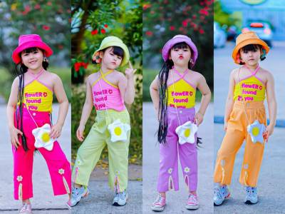 ชุดเด็กเซท Flower เสื้อผูกคอ + กางเกงขาแหวกแต่งลูกไม้ แถมฟรีกระเป๋าดอกไม้ + หมวกเข้าเซท