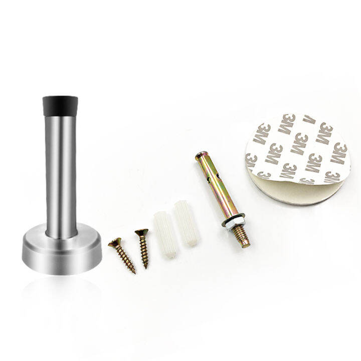 & Nonperforated stainless steel door stop at the top of the door