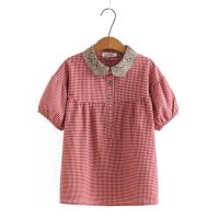 HOT”【มีไซส์ใหญ่】Plus Size XL-4XL Womens Short Sleeve Plaid Blouse Cotton&amp;Lace Turn Down Collar A-line Tops Vintage Summer Blusas