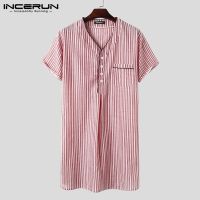 INCERUN ผู้ชายลาย Nightgown แขนสั้น Sleep Robes V คอผ้าฝ้าย Homewear 2022 Breathable Men Dressing Gown Cozy เสื้อคลุมอาบน้ำ