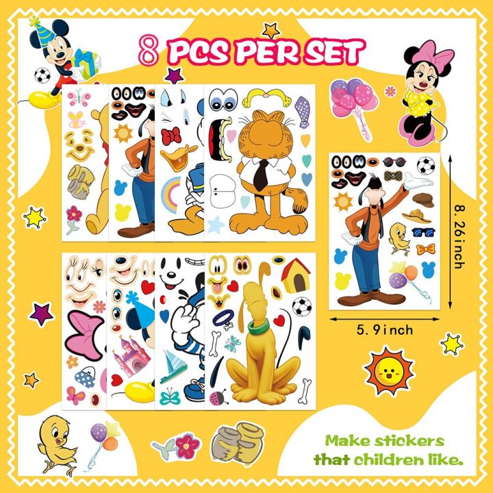 8sheets-disney-cartoon-puzzle-stickers-make-a-face-mickey-donald-duck-cute-children-diy-game-jigsaw-kids-toys-party-decoration