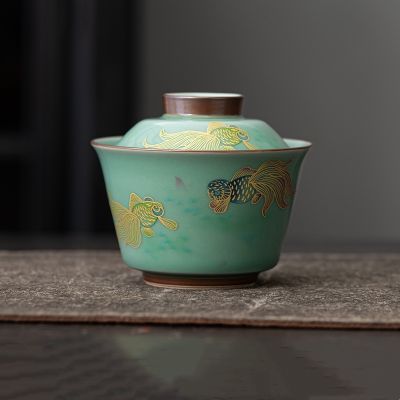 ปลาศิลาดล Gaiwan สำหรับชาเซรามิกหม้ออบที่มีฝาปิด T Eaware ชุดสีเขียวจีนชามชา Chawan ลิลลี่เติ้งร้านค้าโลตัสถ้วยชา