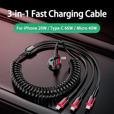 3 in 1 66W 6A Fast Charging USB Type C Cable 3A Micro USB Spring Car For iPhone Xiaomi Redmi Samsung Realme Phone Charger Cable Docks hargers Docks Ch