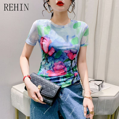 REHIN เสื้อตาข่ายผู้หญิงฤดูร้อนแฟชั่นใหม่เสื้อยืดแขนดอกไม้พิมพ์สั้นคอกลมเข้ารูปเสื้อตามเทรนด์หรูหราบาง S-3XL