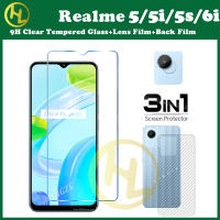 (3in1) ฟิล์มปกป้องหน้าจอกระจกเทมเปอร์แบบเต็มหน้าจอสำหรับ OPPO Realme 5/5i/6i/5S + ฟิล์มด้านหลังคาร์บอนไฟเบอร์ + ฟิล์มเลนส์กล้อง Realme 10 9i 8 8i 7i 7 Pro 5Pro C12 C20 C21Y C25 C25S C25Y กล้อง c15 C17 C3 C11 6 6i 5S 5i 5 5 5G 4G