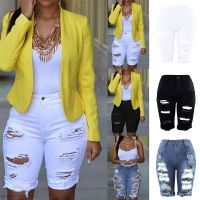 【CW】Summer Casual Women Elastic Destroyed Hole High Waist Leggings Short Pants Sexy Streetwear Denim Shorts Ripped Jeans S-3Xl