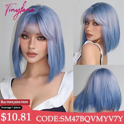 Blue Purple Ombre Cosplay Synthetic Wigs Short Bob Straight Lolita Halloween Hair Wig with Bangs for Women Afro Heat Resistant [ Hot sell ] vpdcmi