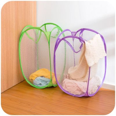 【YF】 Storage Baskets Laundry Clothes Basket Bag Foldable Pop Up Easy Open Mesh Hamper for College Dorm